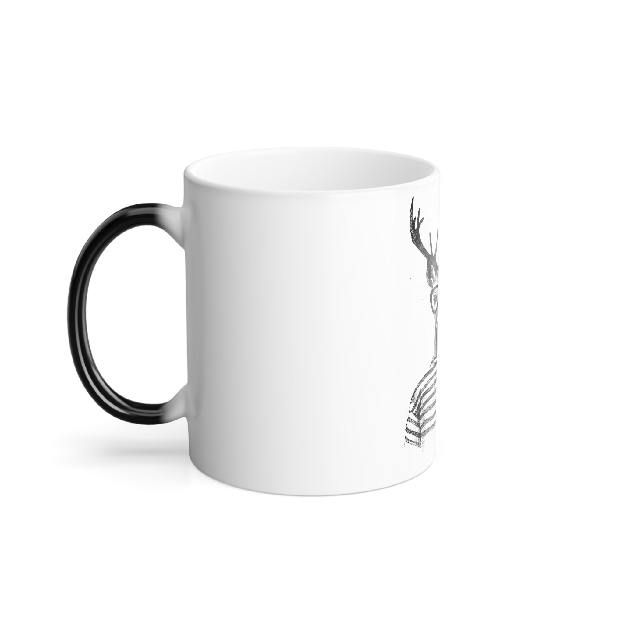 Deer Hipster Color-Change Mug — 11oz Morphing Coffee Cup with Striped Sweater & Glasses Design